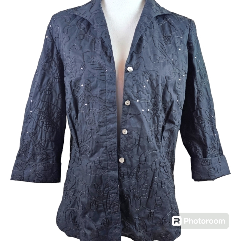 Lafayette 148 New York Embroidered Sequined Button Down Cotton Blouse in 10